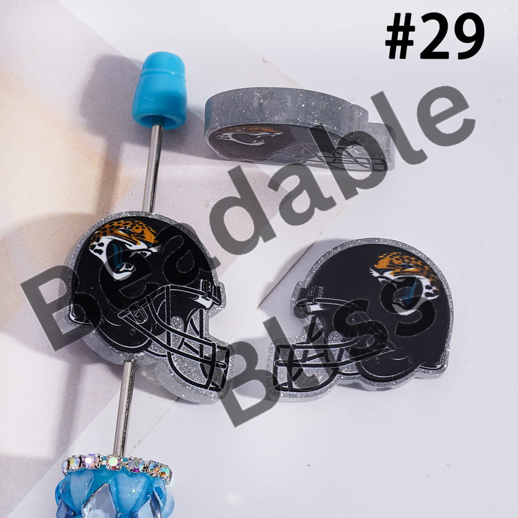 Acrylic Beads USA American Football Team Helmet Series, with Silver Glitter, 22*26MM