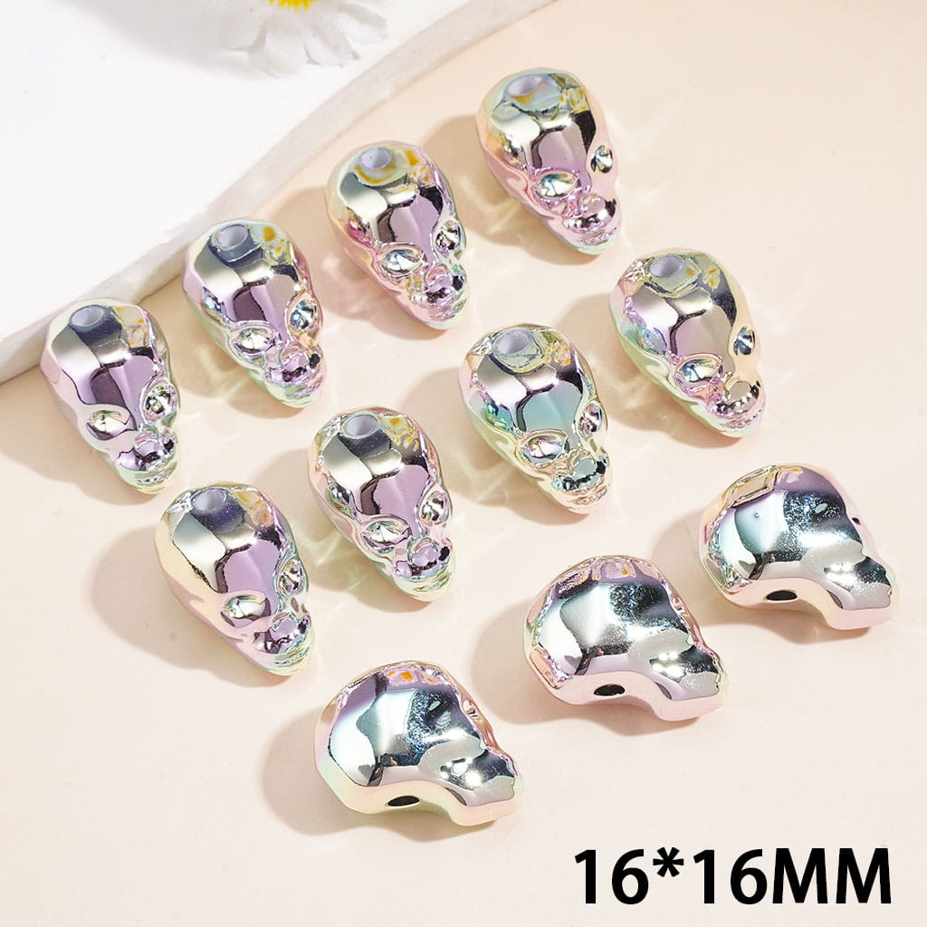 Laser Galaxy Iridescent Holographic Metallic Silver Color Skull Head Acrylic Beads, Halloween Theme, 16*16MM