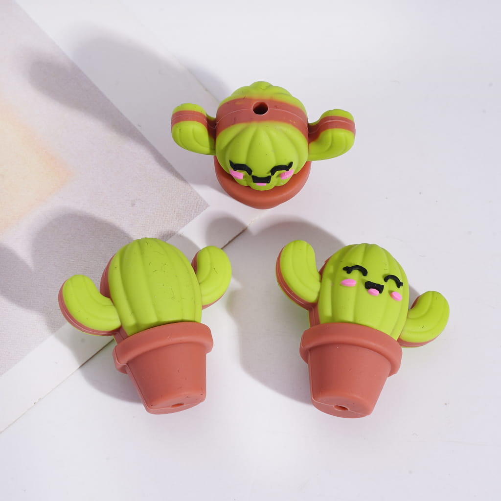 Silicone Focal Beads Shyly Smiling Cactus Potted Plant, Dark and Bright Green