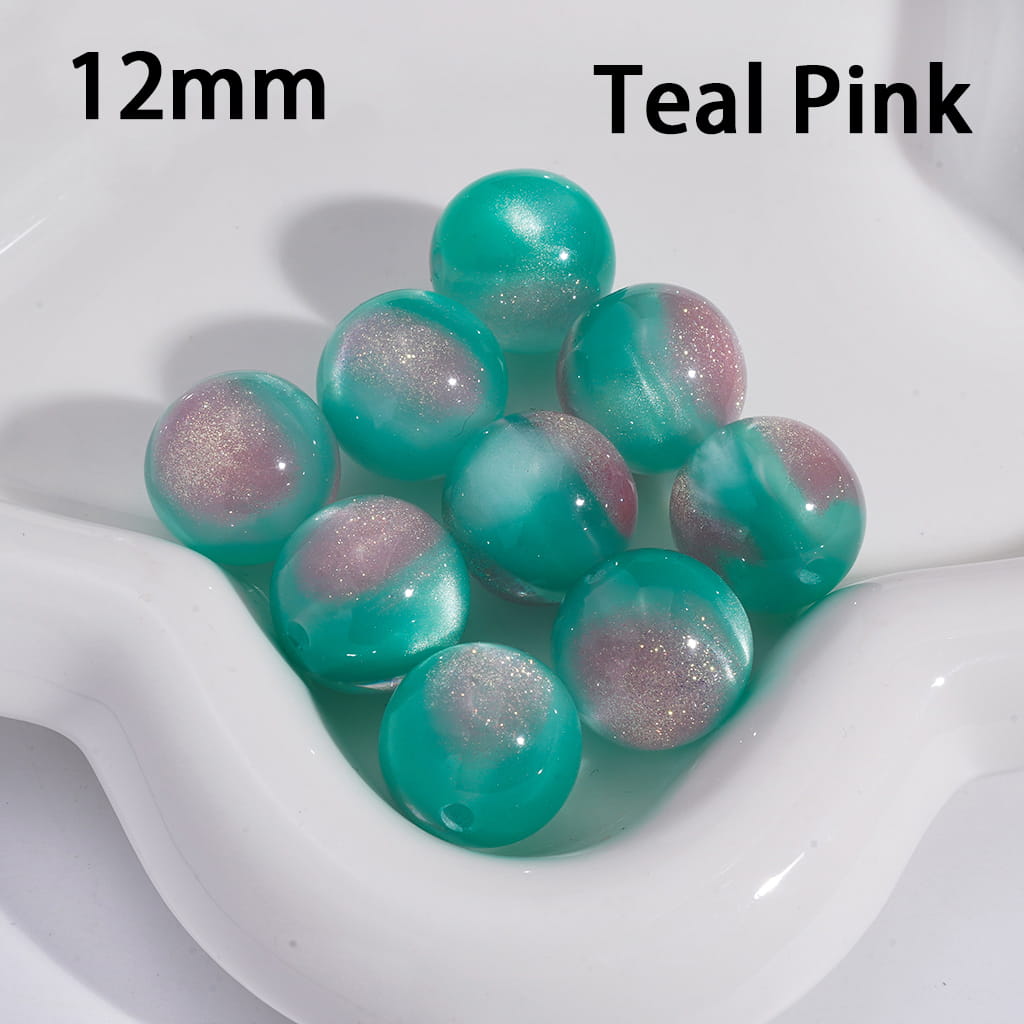 Acrylic Beads for Bracelets Cat Eye Style Round in Double Colors, Glitter, 12MM, Medium Size, Random Mix
