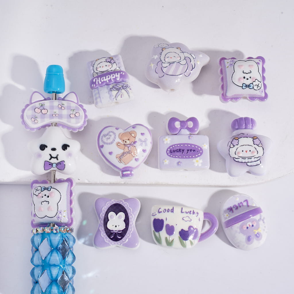 Acrylic Beads with Cute Animal Style Purple Theme, Random Mix