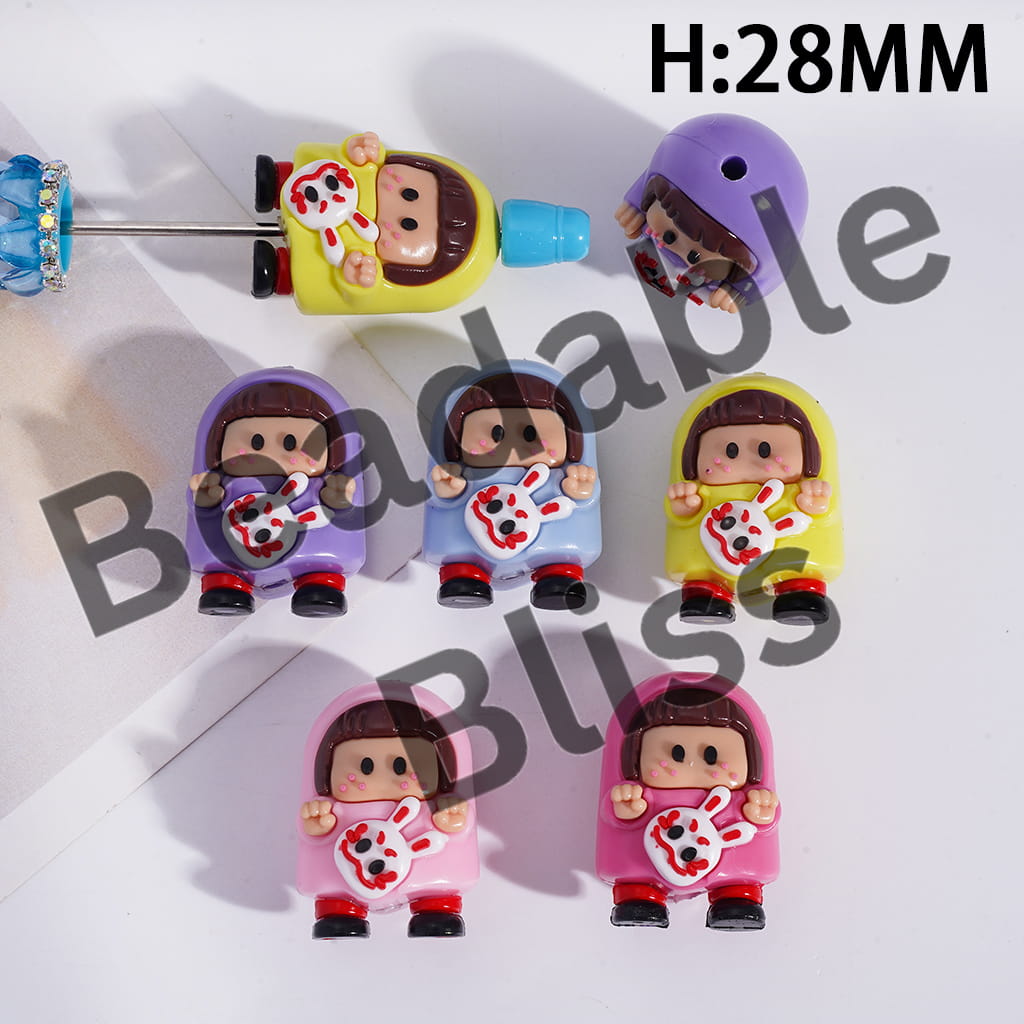 Soft PVC Rubber Beads Cute Girl Holding Bunny Mask, Height 28MM, Multi-Color, Random Mix