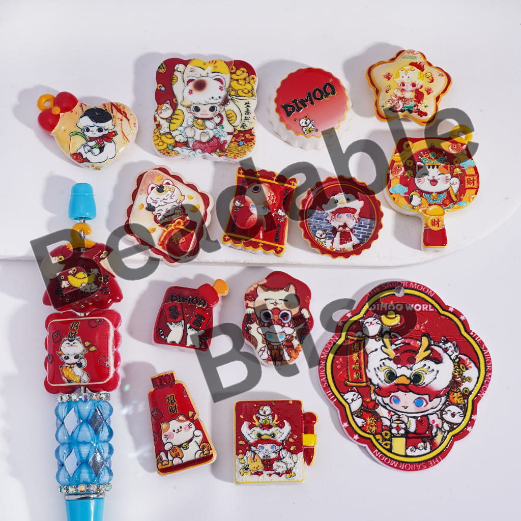 Acrylic Beads Pendant w Cute Baby Boy Doll Prints Lucky Wealth-Attracting theme, Red Series, Random Mix