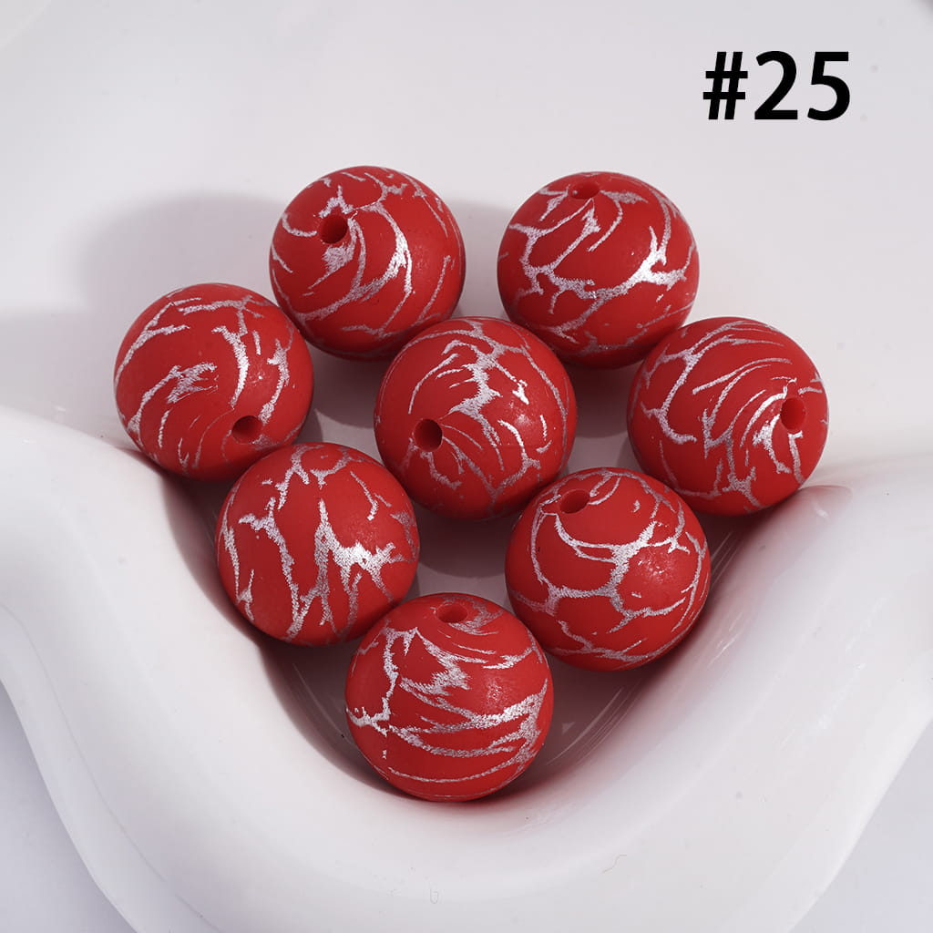 Printed Silicone Beads Dark Red Round with Silver-Colored Cracks, 15MM, Number 25