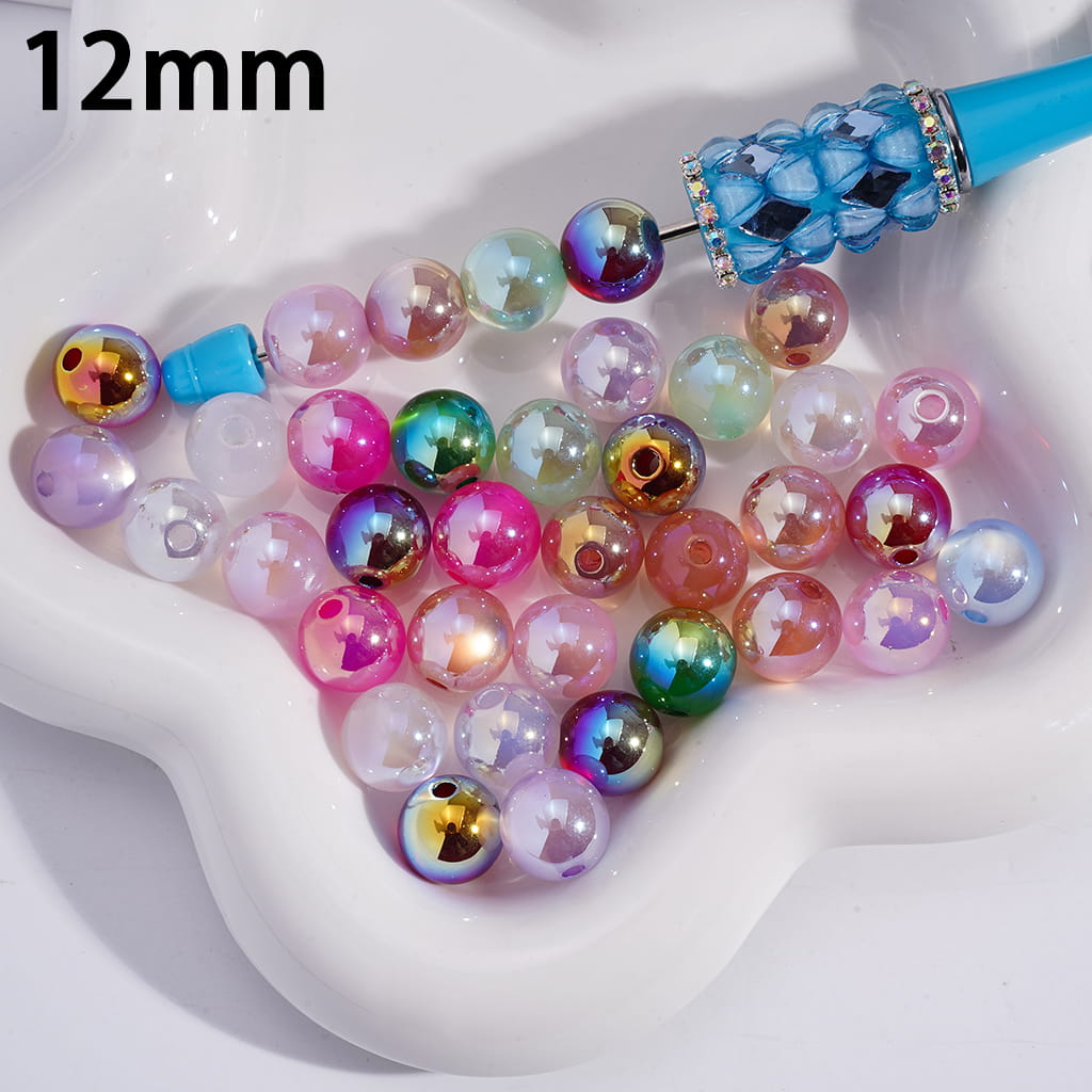 Colorful beaded bracelet with a blue clasp on a white background, labeled '12mm'.