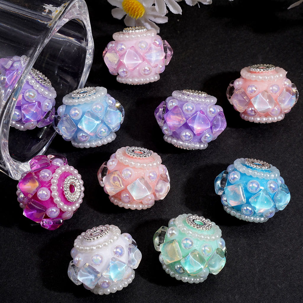 Handmade Acrylic Beads w Halo Sparkling Square Rhinestones & Flatback Pearls, Silver Metal Cap & White Pearl Chains, Around 18*22MM, Random Mix