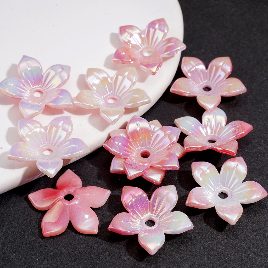 Bead Cages UV Coating Curly Five-Petaled Flower, Acrylic Bead Cap, Around 22MM, Multi-Color (They Fit 16MM Beads)