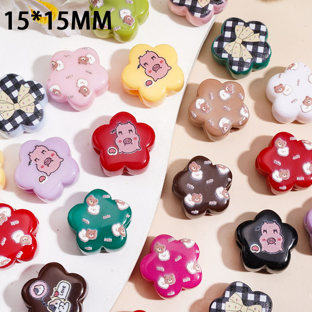 Tiny Five-Petaled Flower Acrylic Beads with Pig Bow Cat Bear Prints, 15*15MM, Random Mix