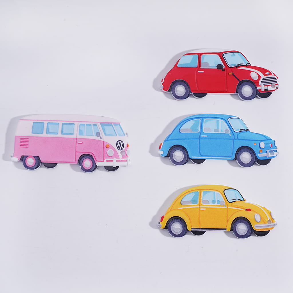 Four colorful car-shaped objects on a light gray background