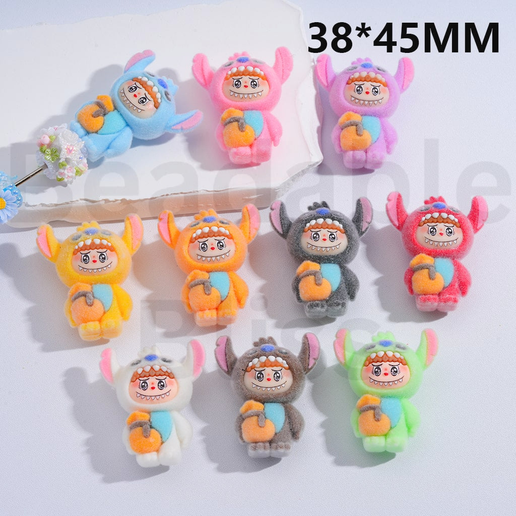 Acrylic Beads Cute Flocked Labub with Stitc Costume Holds a Bag Multi-Color 38*45MM, Random Mix