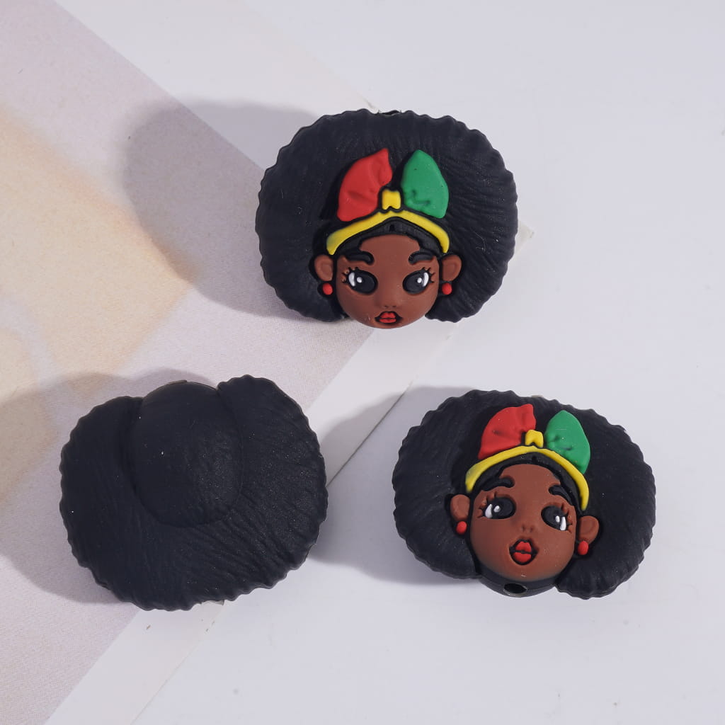 Silicone Focal Beads 3D Black Series, Black Girl Heart Round
