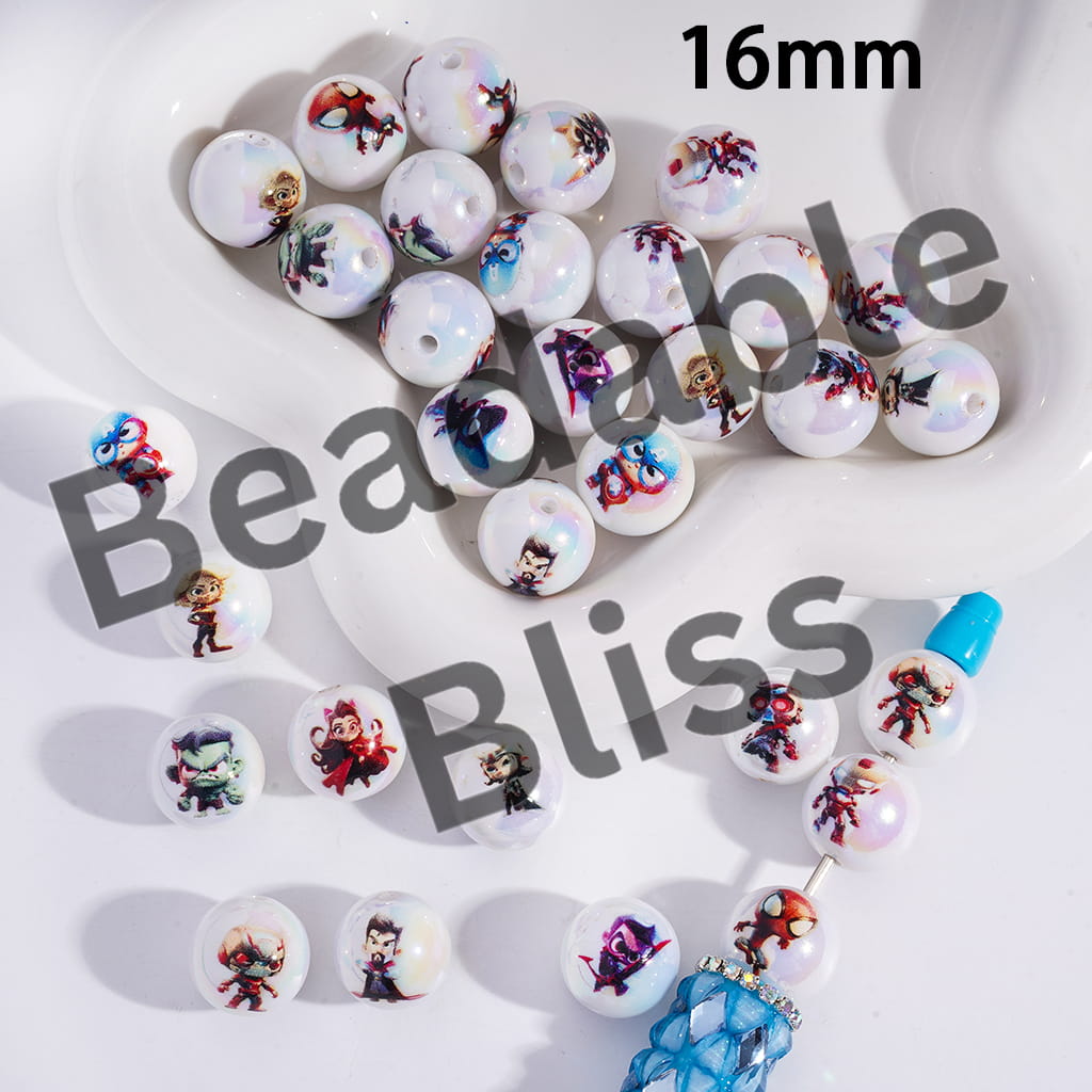 White beads with colorful character designs on a white plate, with 'handsontosupply.com' text overlay.
