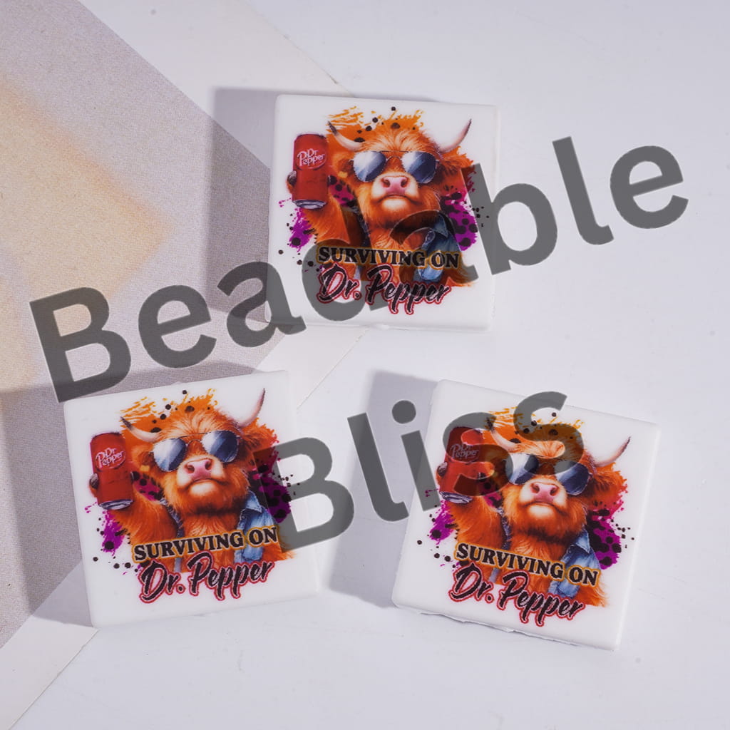 Silicone Focal Beads w Cool Highland Cow Wearing Sunglasses and Drinking Soda Pop Can, Flat Square Shape