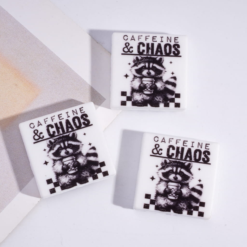 Silicone Focal Beads with Text "caffeine & chaos" and Raccoon Holding Coffee Cup, Flat Square Shape