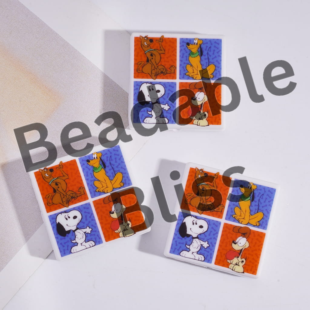 Silicone Focal Beads with Classic Animated Dog Character Ensemble on White Background, Flat Square Shape