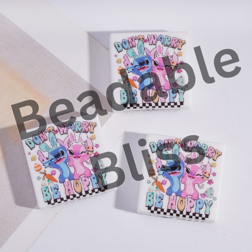Silicone Focal Beads w Text "DON'T WORRY BE HOPPY" & Blue Pink Monster Character Holding Colorful Egg Easter, Flat Square Shape