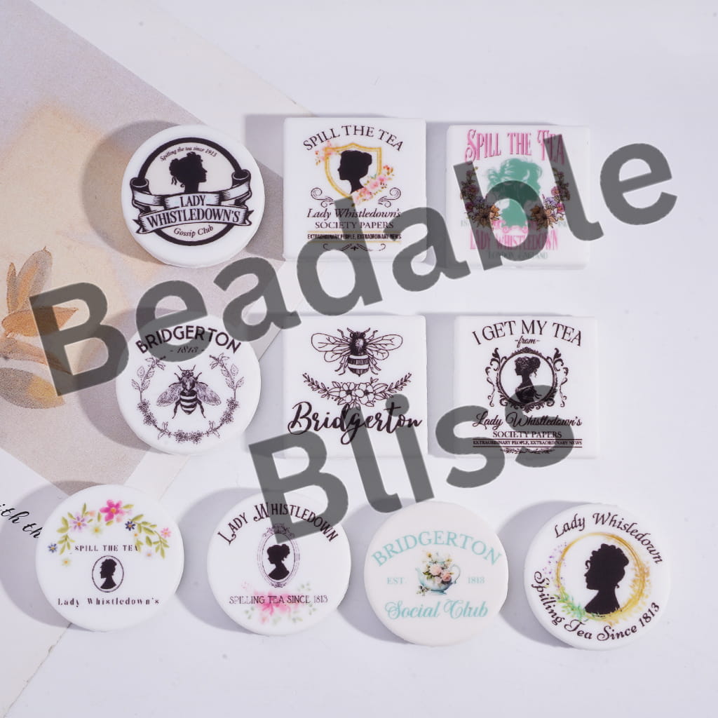 Silicone Focal Beads w British Romantic Love Series, Duchess Floral Bee Prints, Random Mix