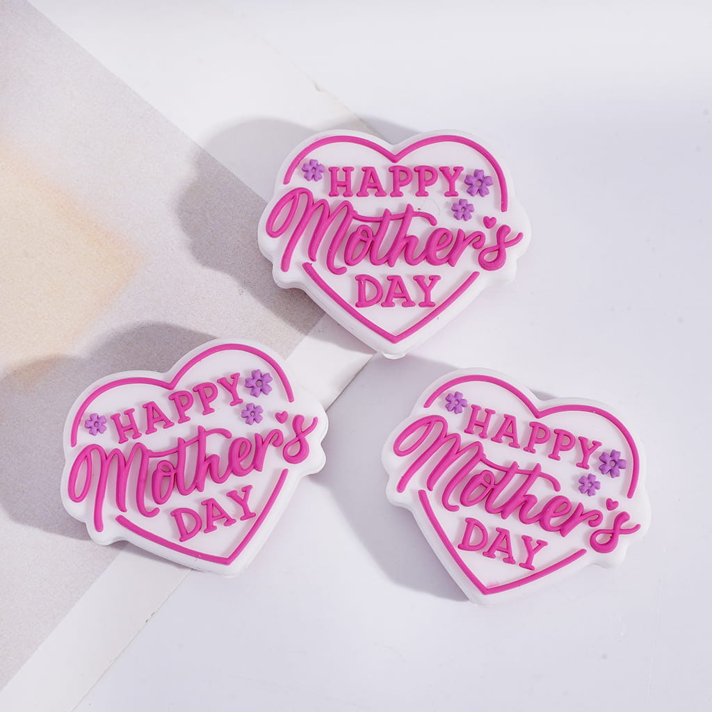 Silicone Focal Beads Heart with Text "HAPPY Mother's DAY" and Purple Flowers