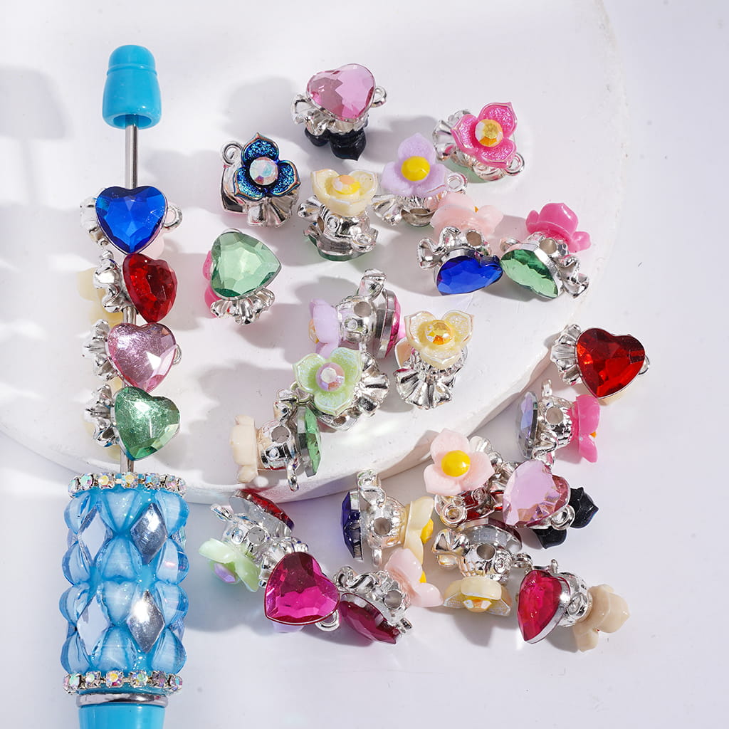 Colorful hair accessories with gemstone-like beads on a white background