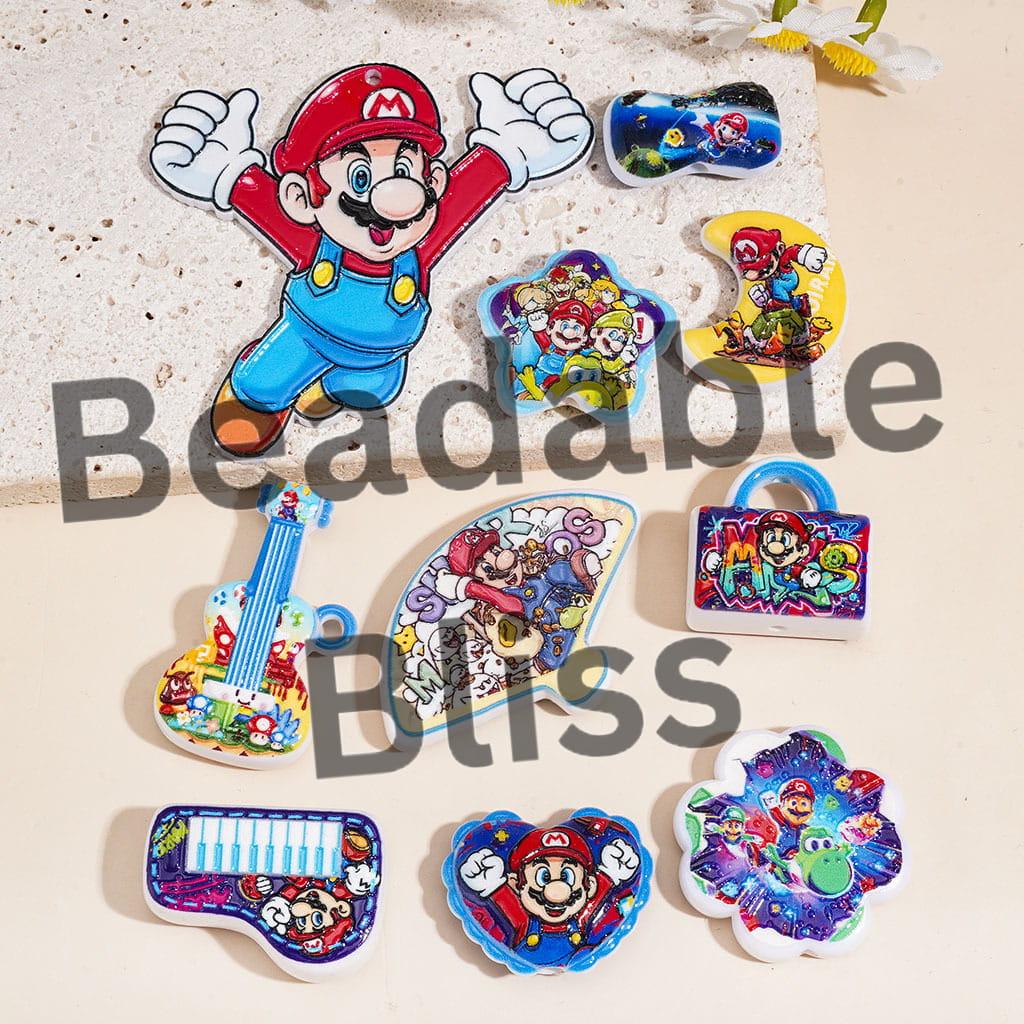 Acrylic Beads Charm Pendant w Game Theme Plumber Character, Random Mix