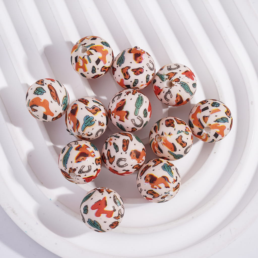 Printed Silicone Beads Soft Round with Horse Series Prints, 15MM