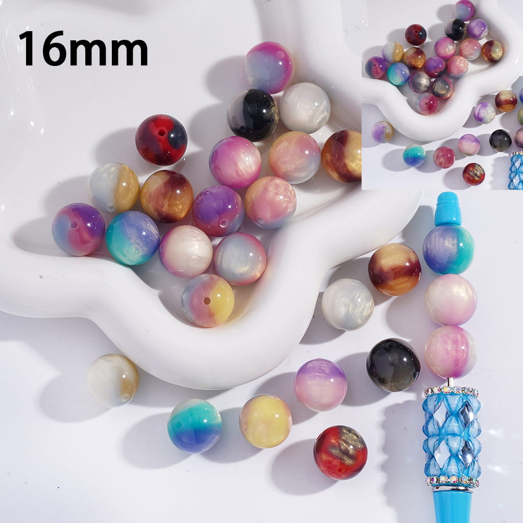 Multicolored beads with a blue tassel on a white surface, labeled '16mm'.