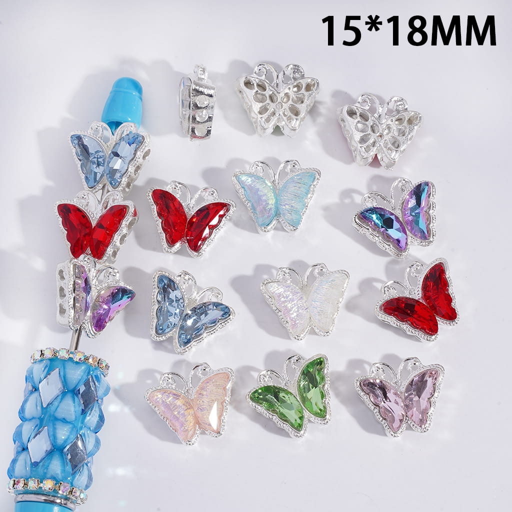 Colorful butterfly-shaped charms on a white background with dimensions 15*18MM.