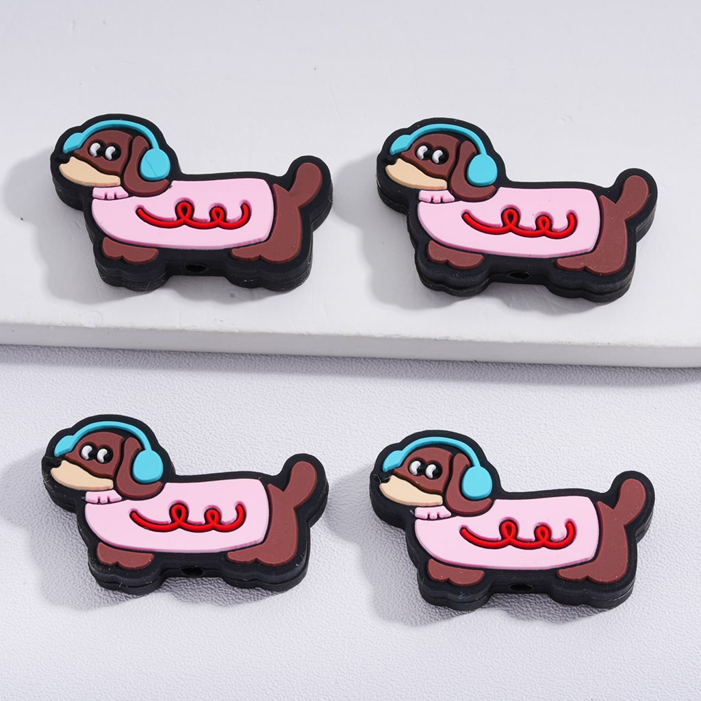 Silicone Focal Beads Little Cute Sausage Dog with Earphones