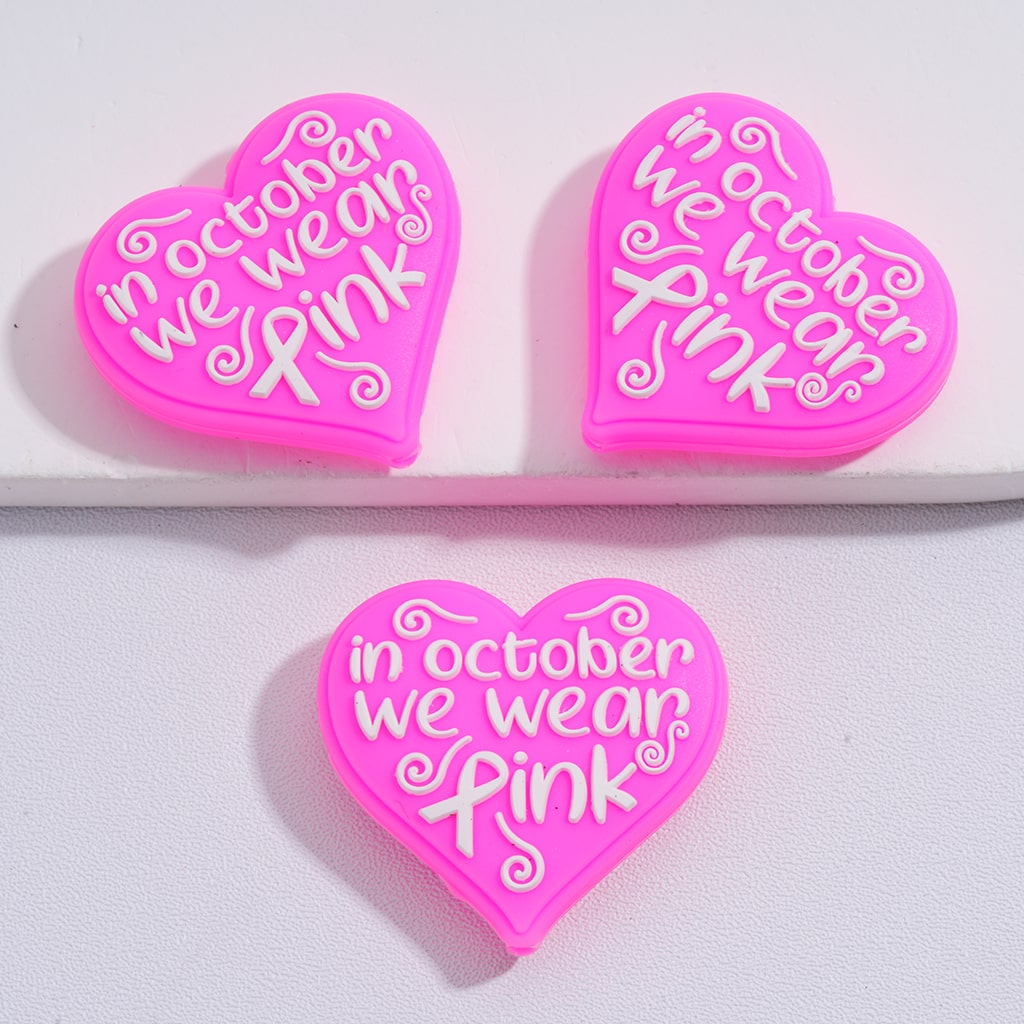 Silicone Focal Beads Pink Heart In October We Wear Pink