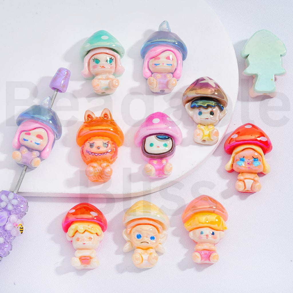 Acrylic Beads UV Coating Cute Pop Mar Figures with Mushroom Head Around 32*22MM, Random Mix