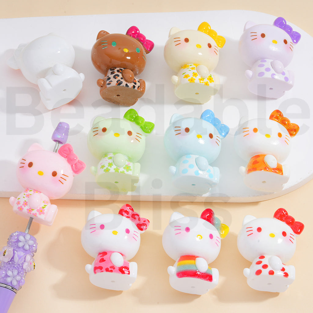 Acrylic Beads Cute Hello Kitt Sanri with Bowknots Multi-Color 31*38MM, Random Mix