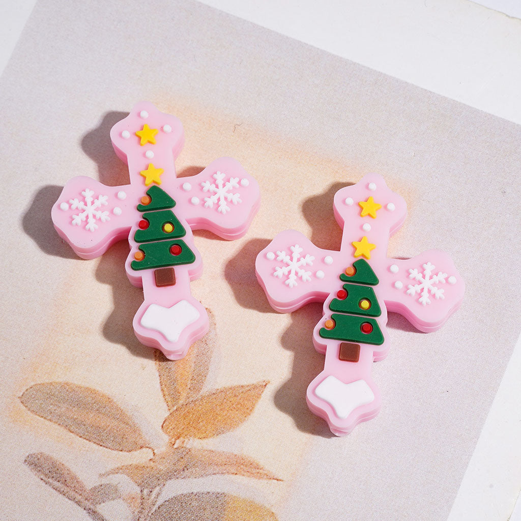 Silicone Focal Beads Cross with Christmas Tree Snowflakes Stars, 27*33MM Assorted Colors