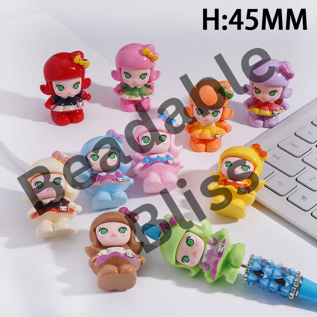 Acrylic Figurine for Pen Topper or Beads, Short-Haired Girl with Green Eyes Wearing Dress, Height 45MM, Random Mix