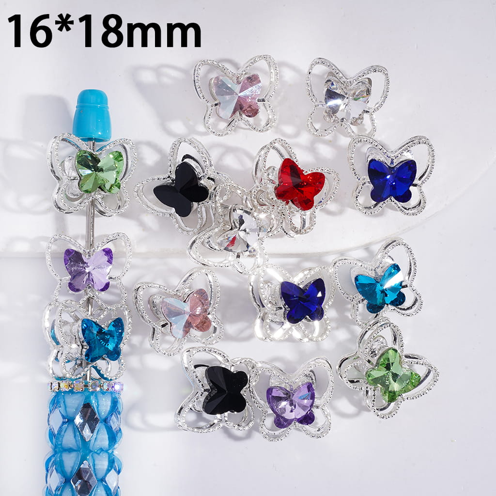 Silver Color Metal Beads Butterfly Frame with Shining Butterfly-Shaped Rhinestones, 16*18MM, Random Mix
