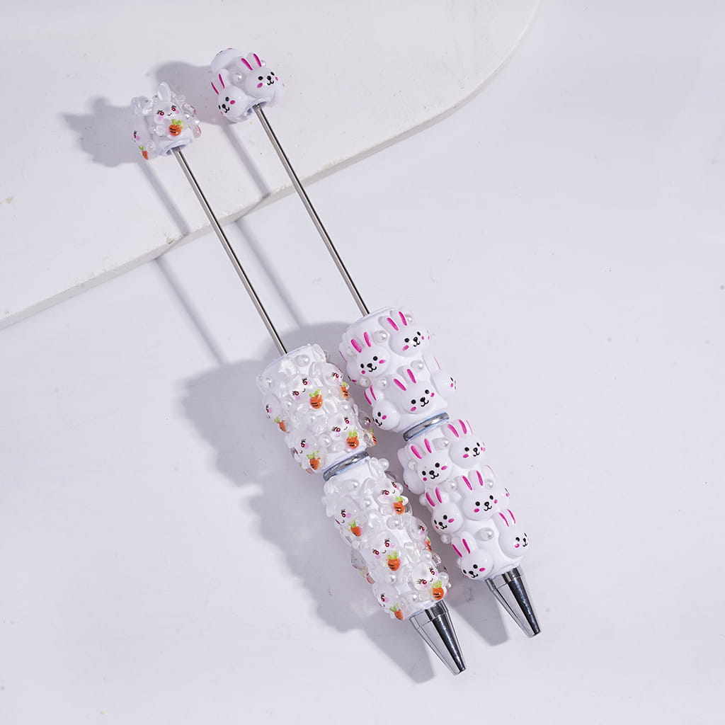 Beadable Clay Pens with Lovely Rabbit Bunny in Various Facial Expression, White Pearls, Random Mix
