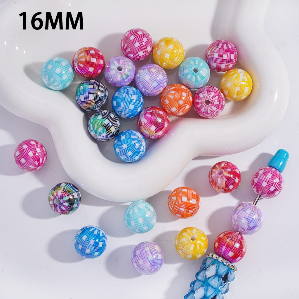 Acrylic Beads for Bracelets with Knitted Checkered Patterns, 16MM, Random Mix