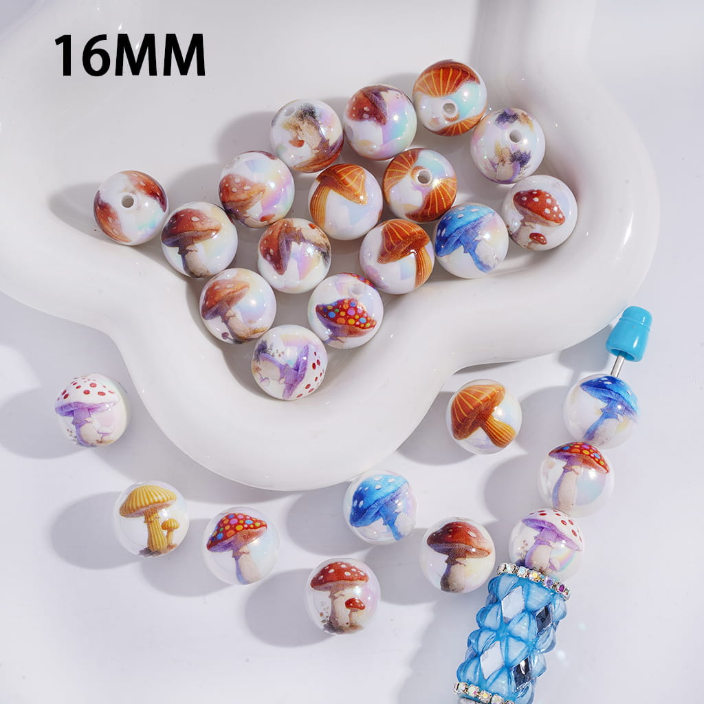 Acrylic Beads for Bracelets UV Coating with Mushrooms Prints, 16MM, Random Mix