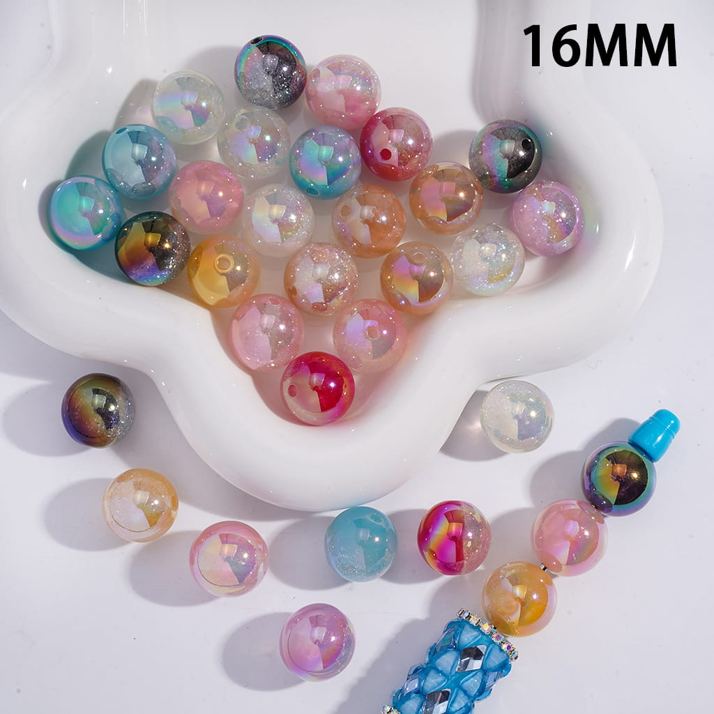 Acrylic Beads for Bracelets Double Color with Tiny Sparkle Foil, 16MM, Random Mix