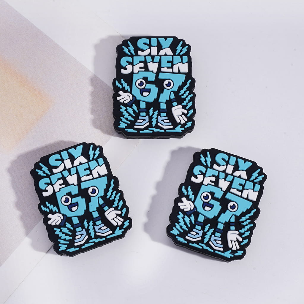 Silicone Focal Beads with Number "SIX SEVEN" 67 and Blue White Lightning Patterns