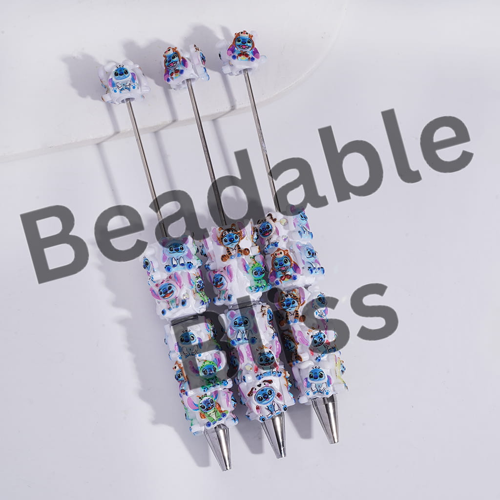 Beadable Clay Pens with Cute Blue Monster Character in Sitting Position, AB Rhinestones and White Pearl