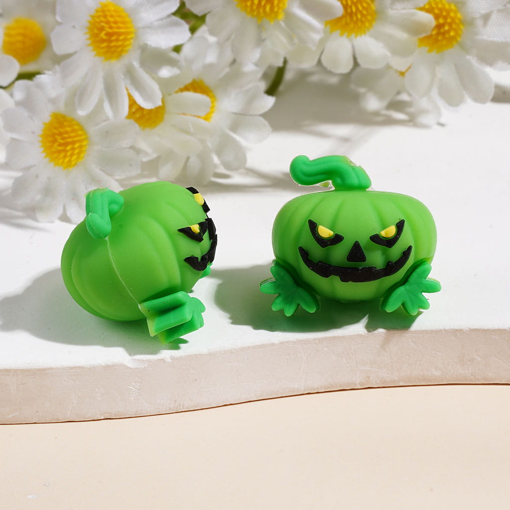3D Mini Halloween Evil Pumpkin with Green Leaf and Stem Silicone Focal Beads, Assorted Colors