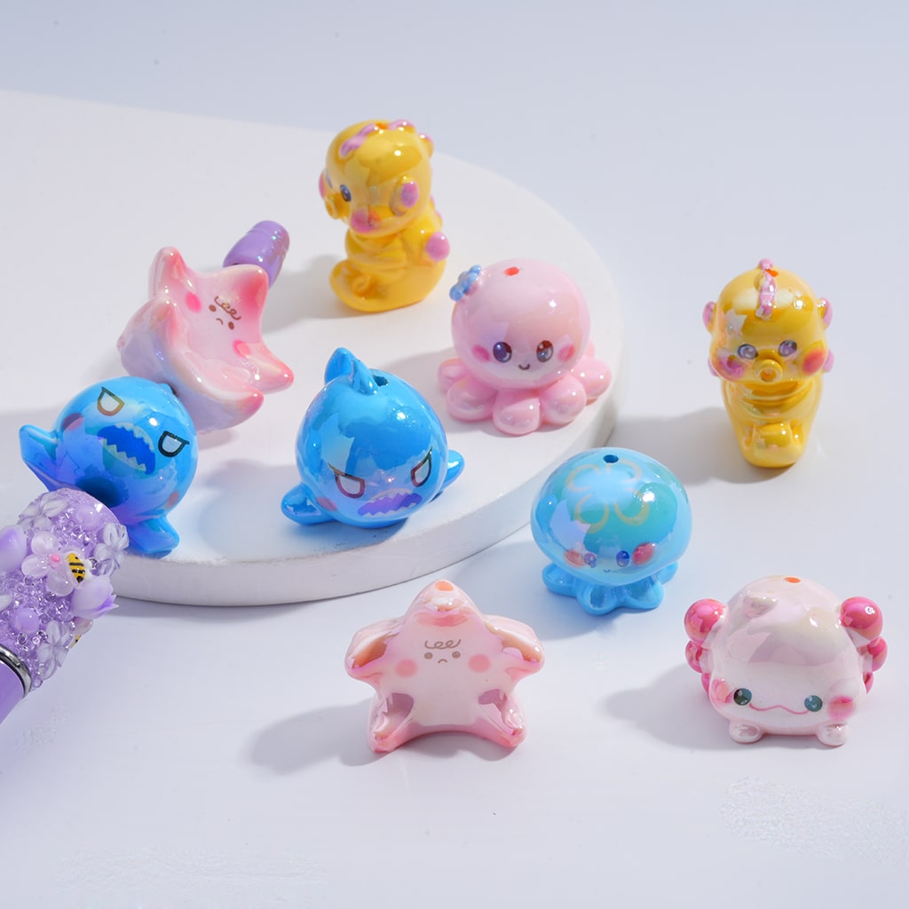 Acrylic Beads UV Coating Cute Marine Sea Ocean Animals Shark Starfish Seahorse Octopus Jellyfish Ray, Random Mix