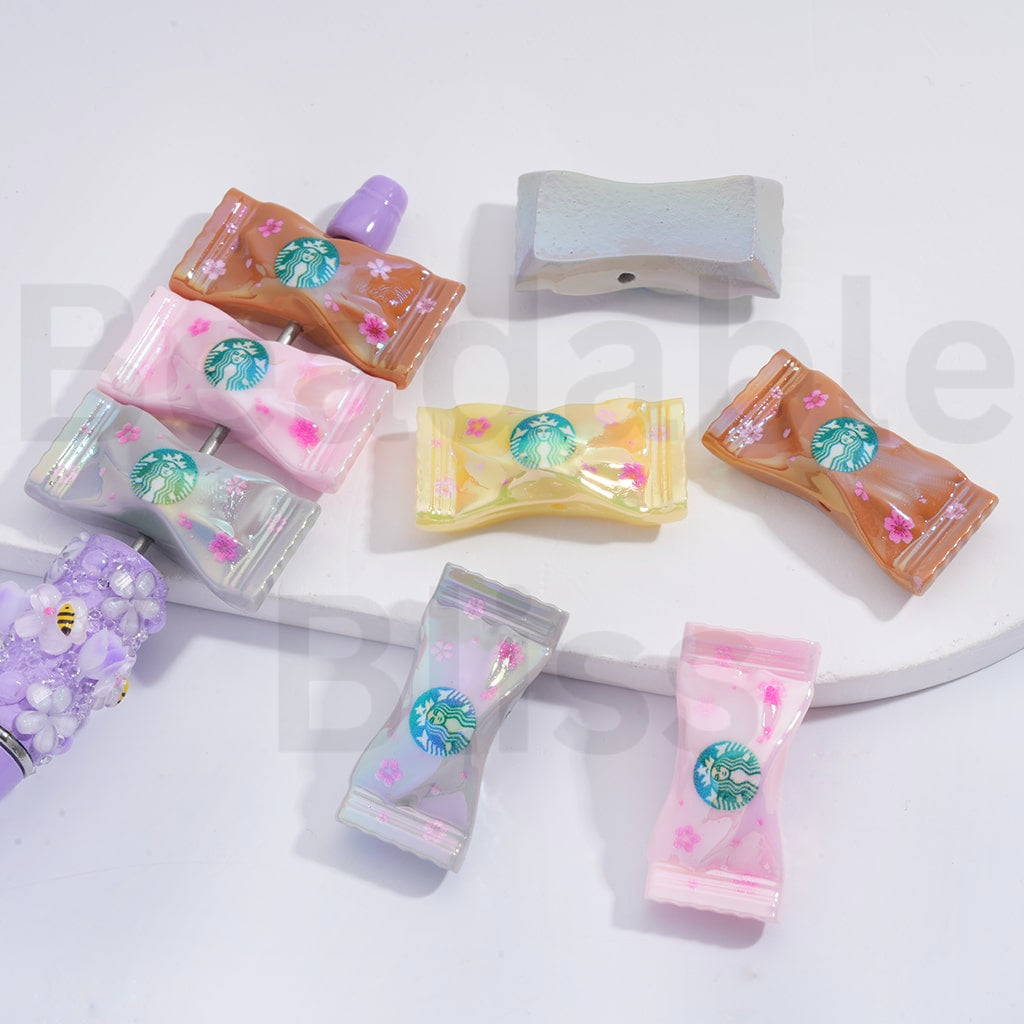 Acrylic Beads UV Coating Cute Sakura Flower Prints Starbuc Candy 18*34MM, Random Mix