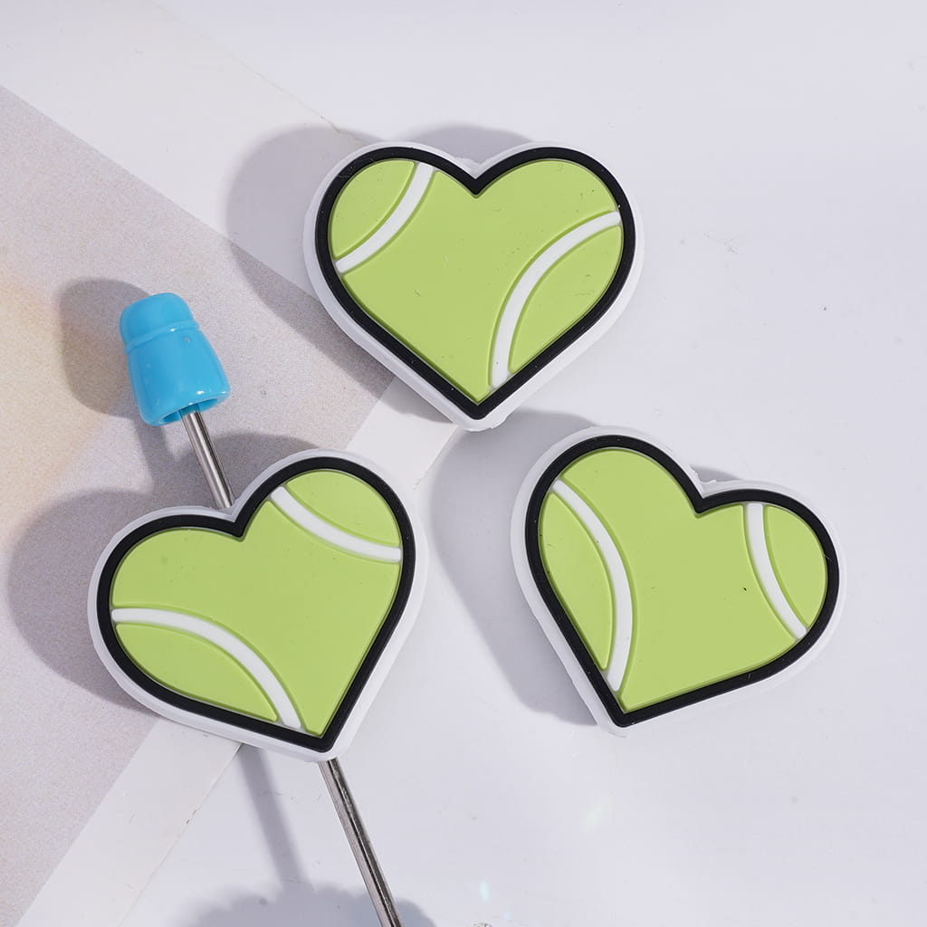 Silicone Focal Beads Sports Style Heart with Tennis Texture