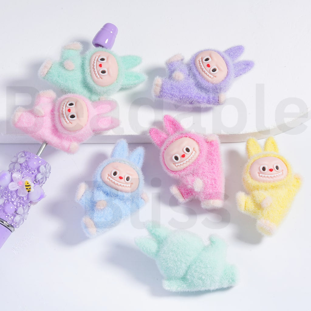 Acrylic Beads Flocked Cute Labub Lying on its Side Solid Color 27*40MM, Random Mix