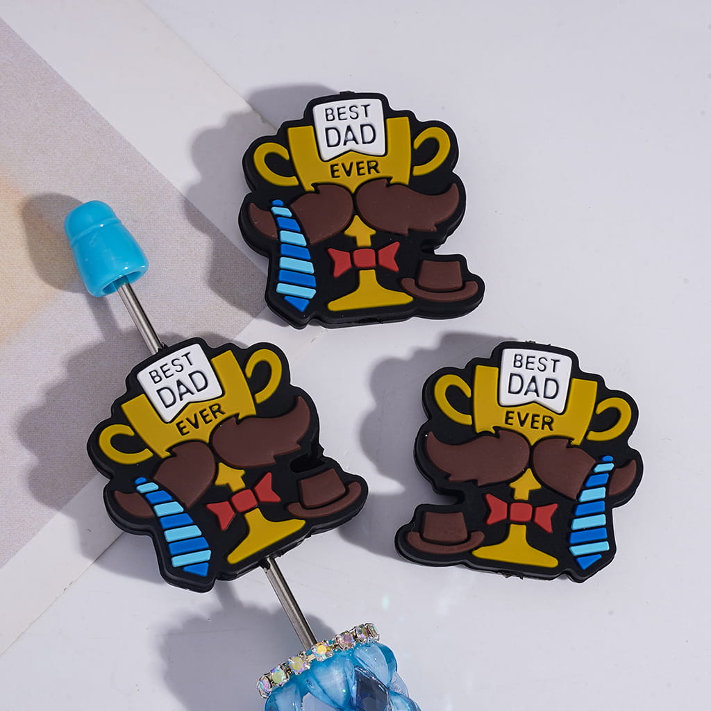 Silicone Focal Beads Champion Trophy with Text "BEST DAD EVER" and Blue Striped Tie