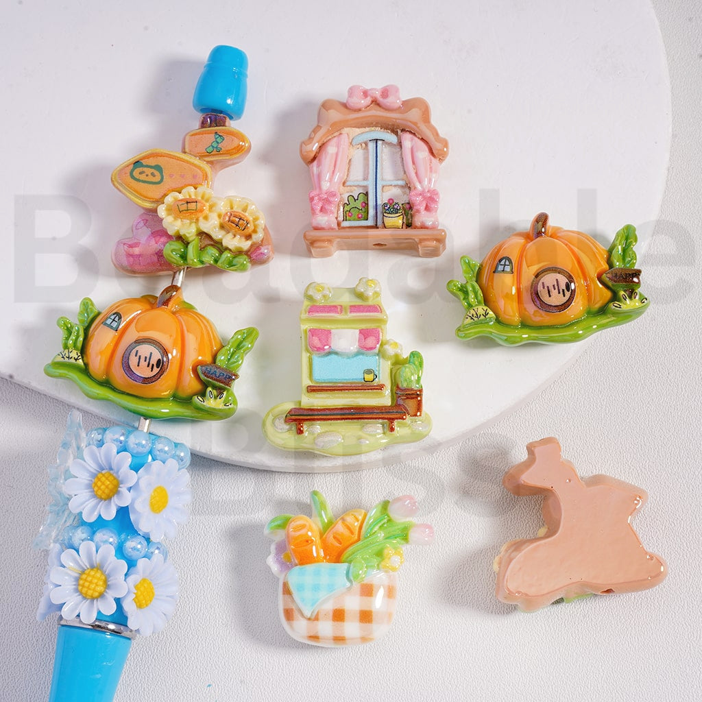 Acrylic Beads UV Coating Cute Hello Kitty Cat Pumpkin House Bread Flowers Windowsill, Random Mix