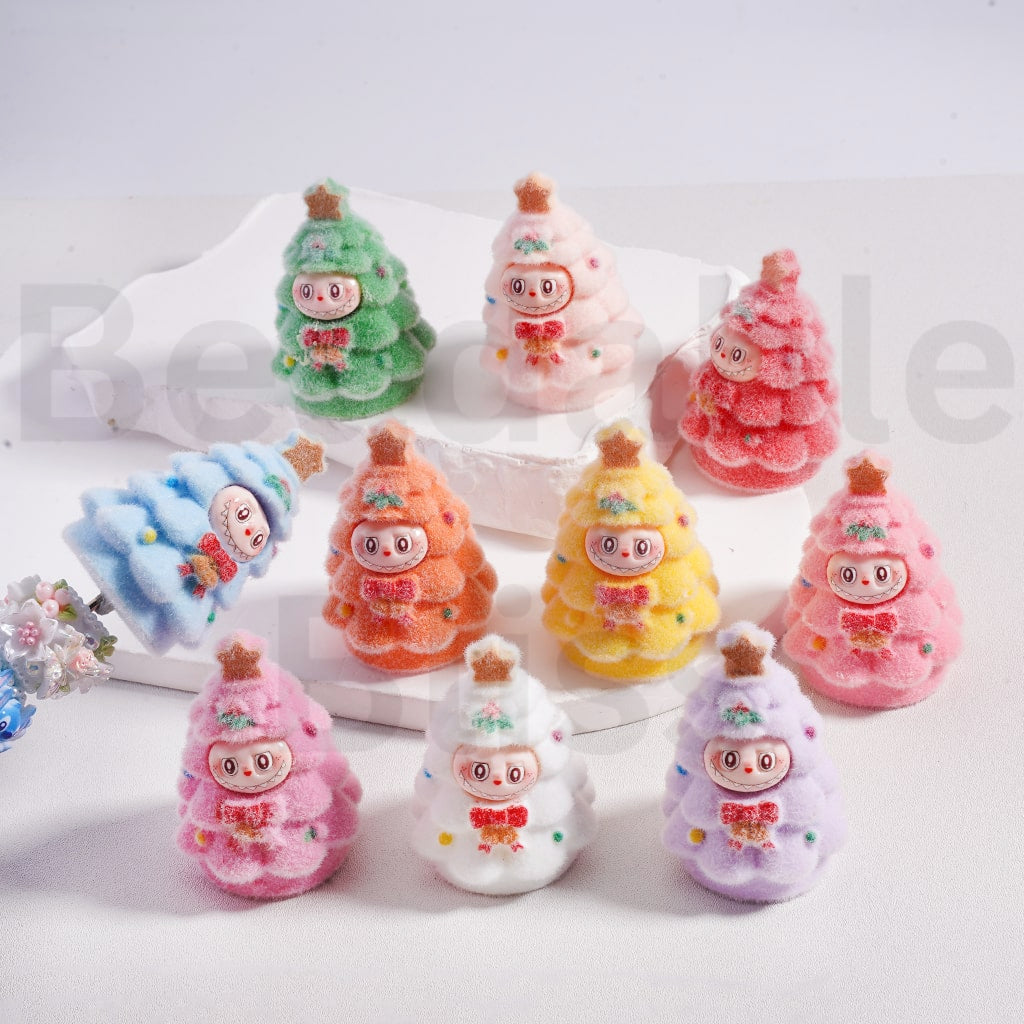 Acrylic Beads Pen Toppers Pendants Jewelry Accessories Cute Flocked Labub with Christmas Tree Costume Multi-Color 48MM Height, Random Mix