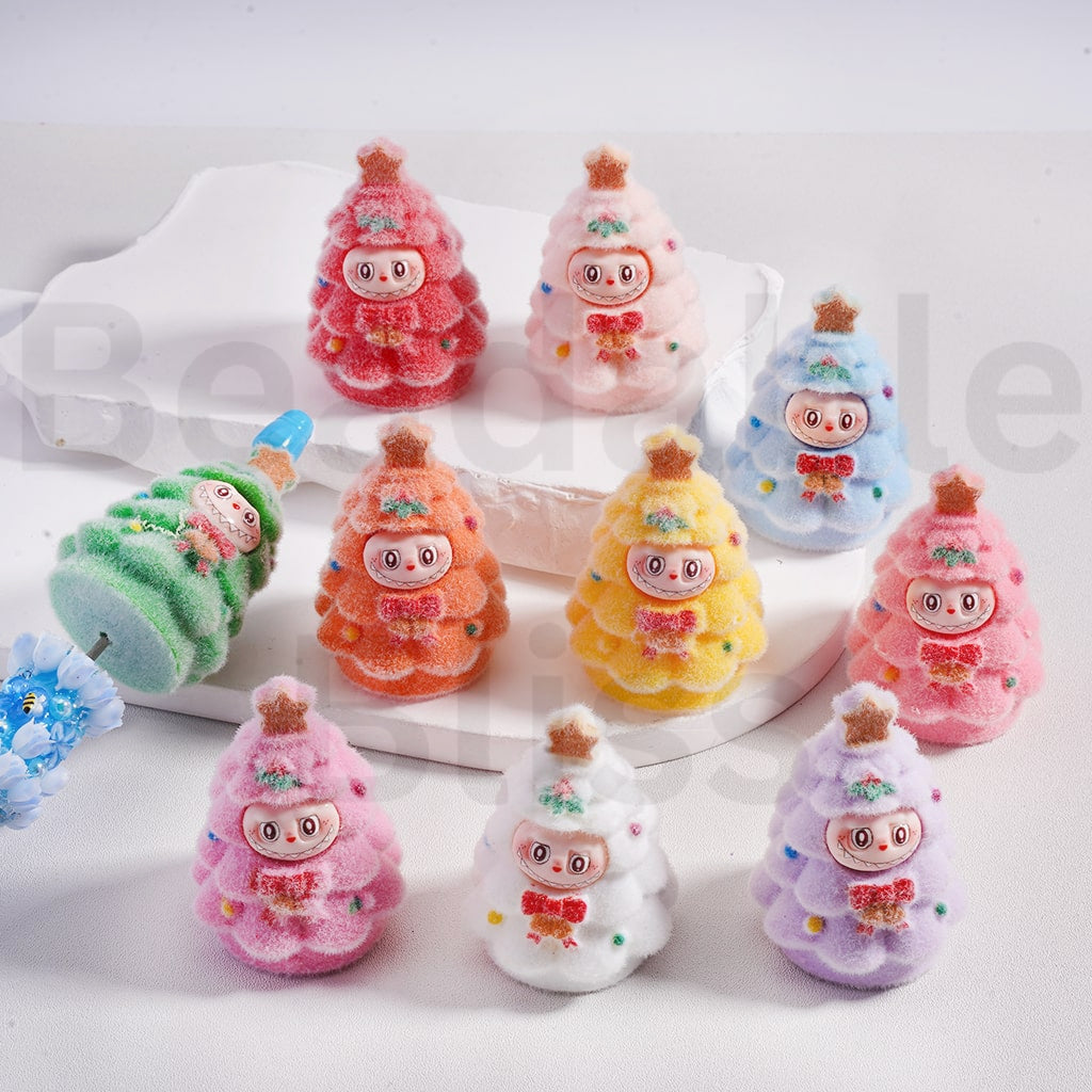 Acrylic Beads Pen Toppers Pendants Jewelry Accessories Cute Flocked Labub with Christmas Tree Costume Multi-Color 48MM Height, Random Mix