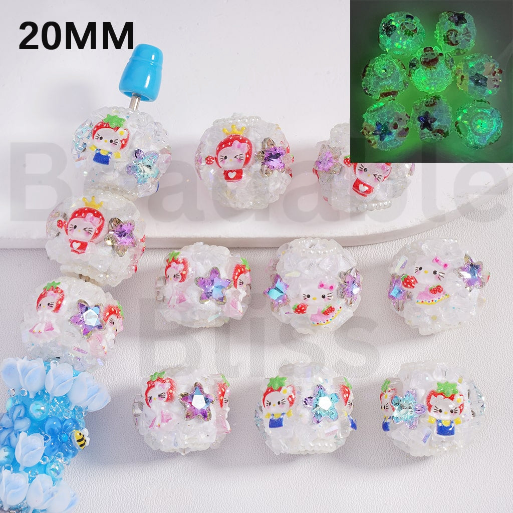 Clay Beads Luminous Cute Hello Kitt with Strawberry Hat Shiny Star Mini Stone Rock Rhinestones White Pearls Loop, 18*20MM, Random Mix